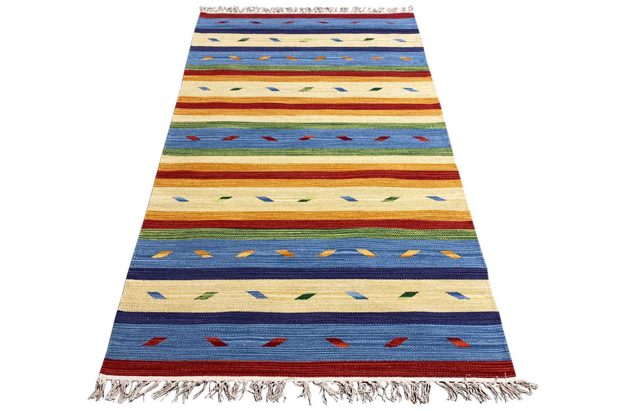 Kilim rug with a striped look and fringed edges, colorful pattern