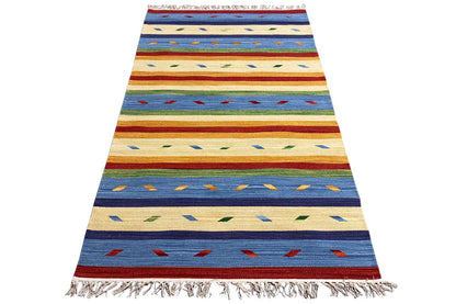 Kilim rug with a striped look and fringed edges, colorful pattern