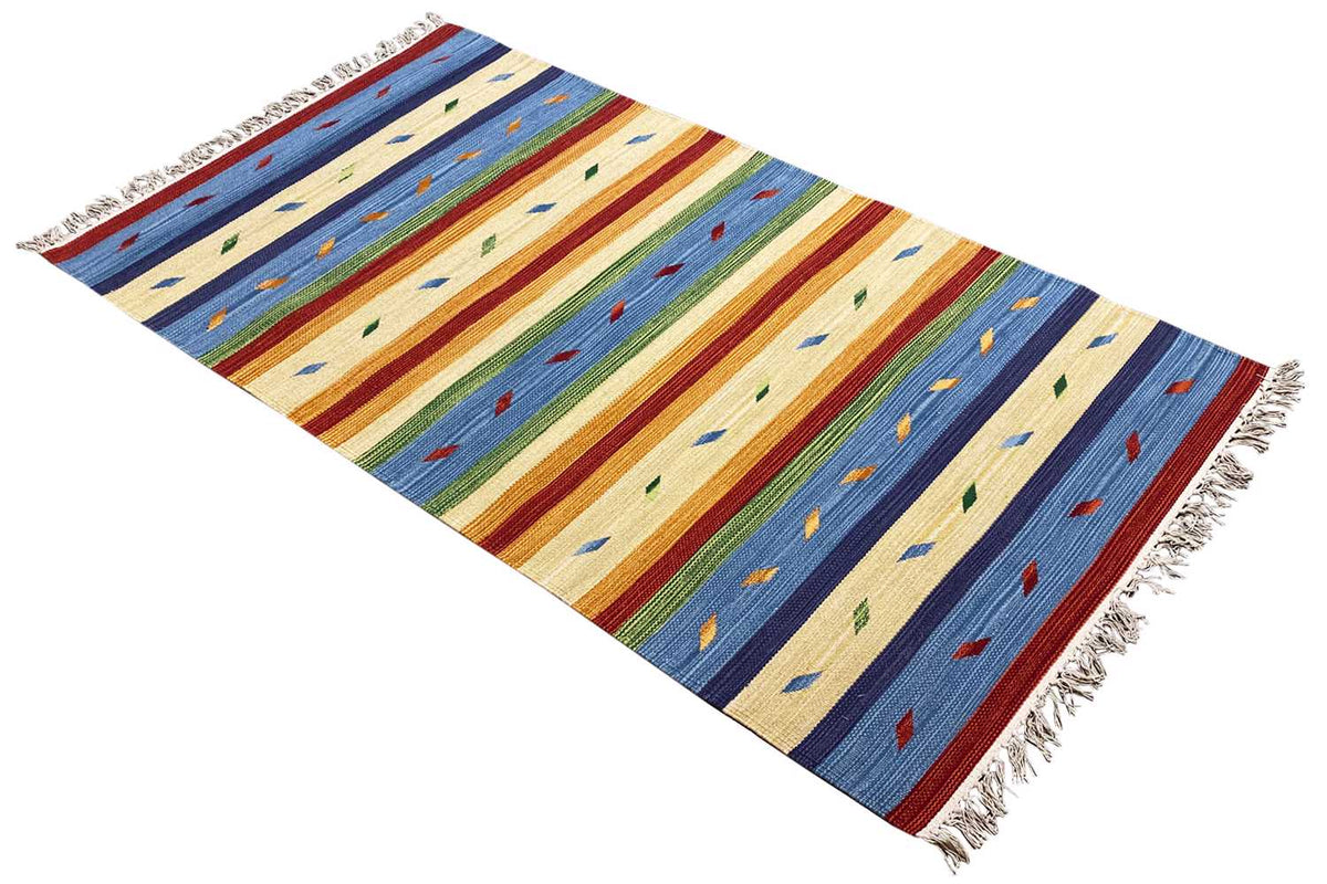 Kilim rug with a diagonal view, multicolored stripes, and geometric details
