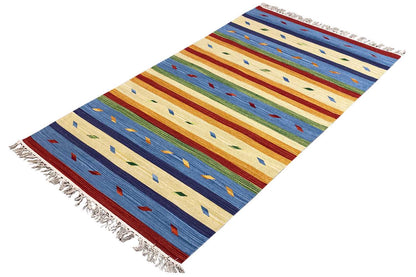Kilim rug, colorful striped design with fringes, geometric patterns