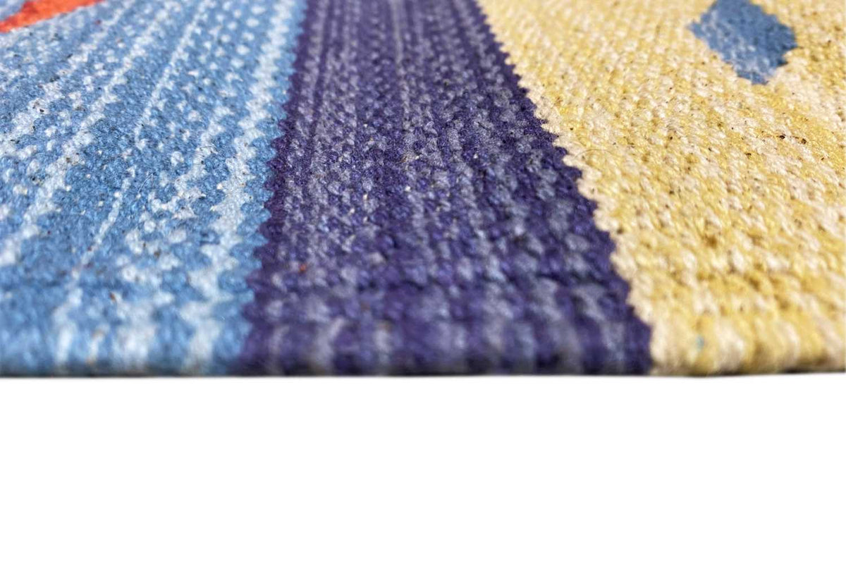 Close-up of a kilim rug: colorful patterned stripes with a visible woven texture