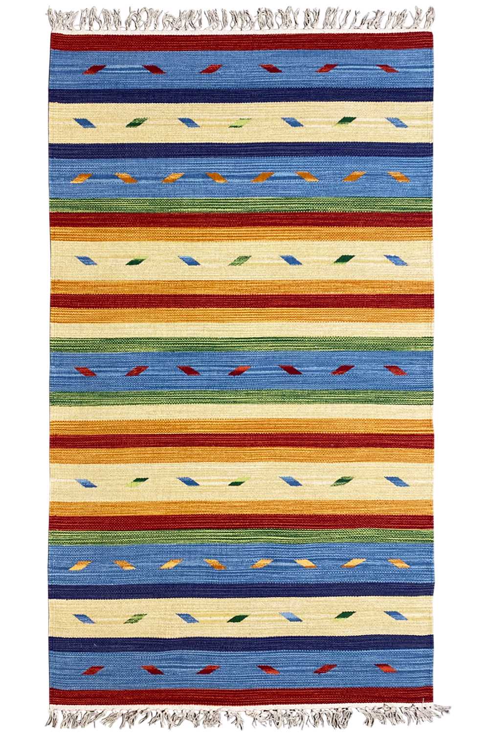 Kilim rug with fringes, multicolored stripes and geometric patterns