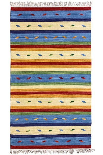 Kilim rug with fringes, multicolored stripes and geometric patterns