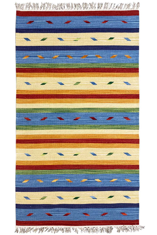 Kilim rug with fringes, multicolored stripes and geometric patterns