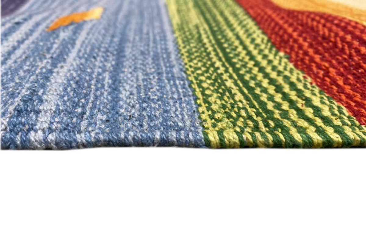 Modern kilim rug with a blue, green, and red striped pattern