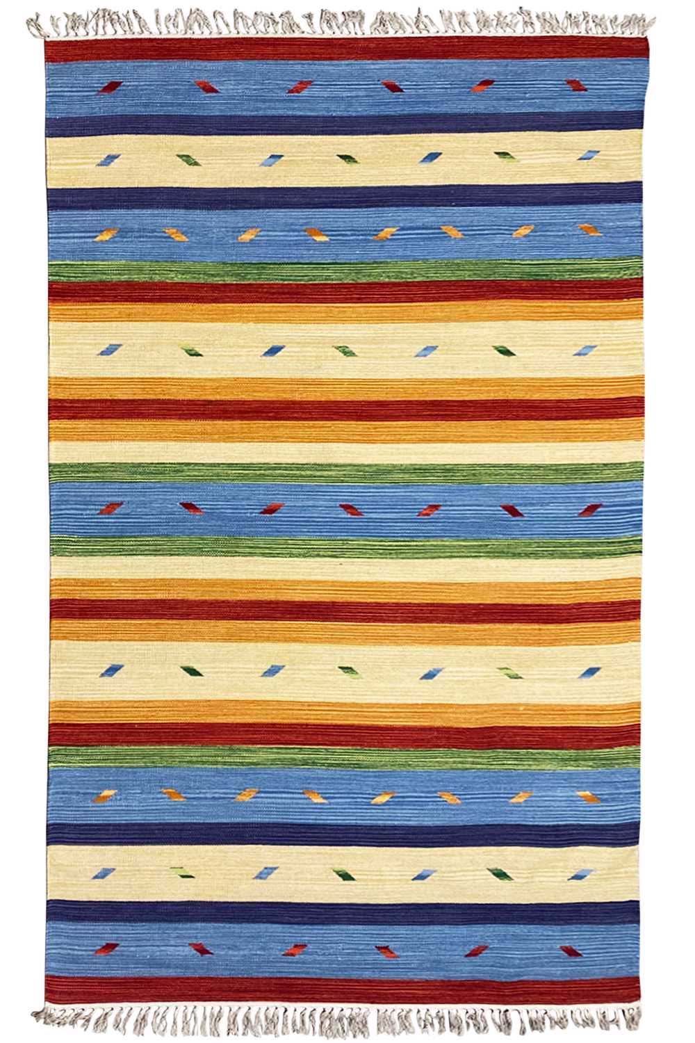 Rectangular kilim rug with horizontal stripes in blue, beige, and red