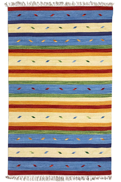 Rectangular kilim rug with horizontal stripes in blue, beige, and red