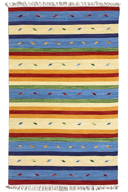 Rectangular kilim rug with horizontal stripes in blue, beige, and red