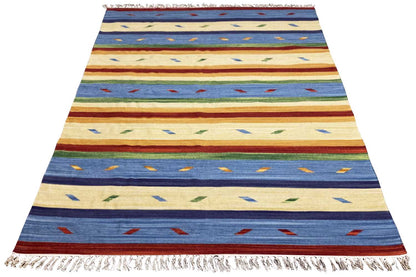 Blue, beige and red kilim rug with a striped pattern and fringes.