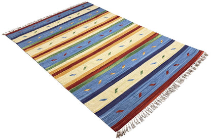 Rectangular kilim rug with stripes and diamonds in blue/beige/red; fringes.