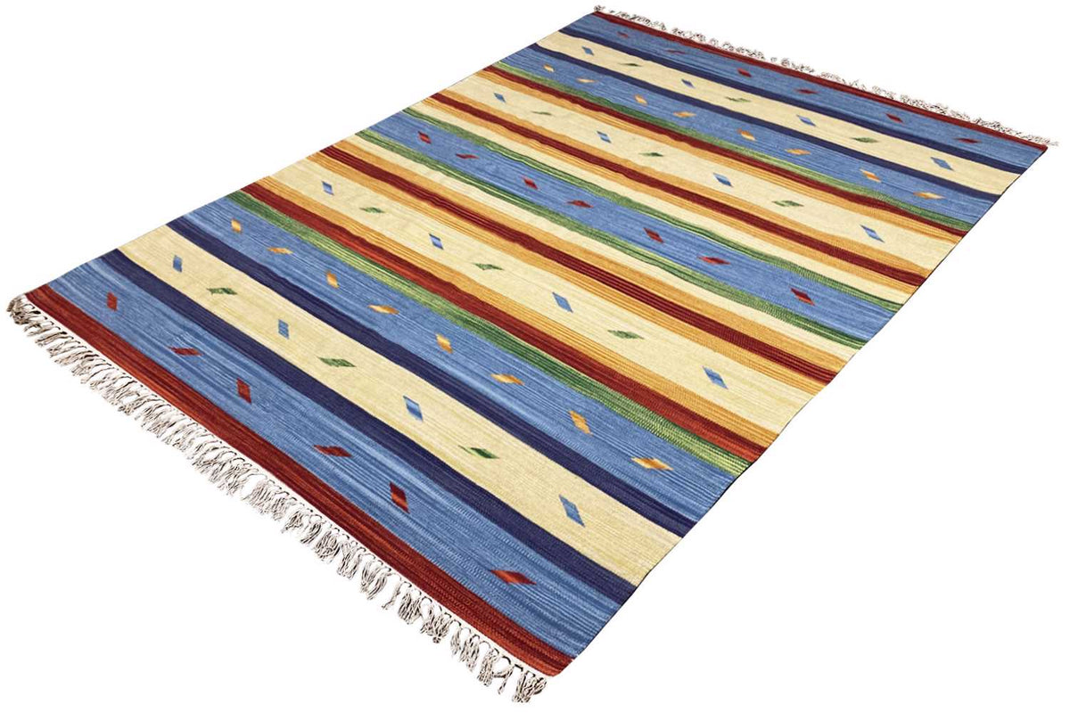 Kilim rug with colorful stripes and small patterns, fringed edge.