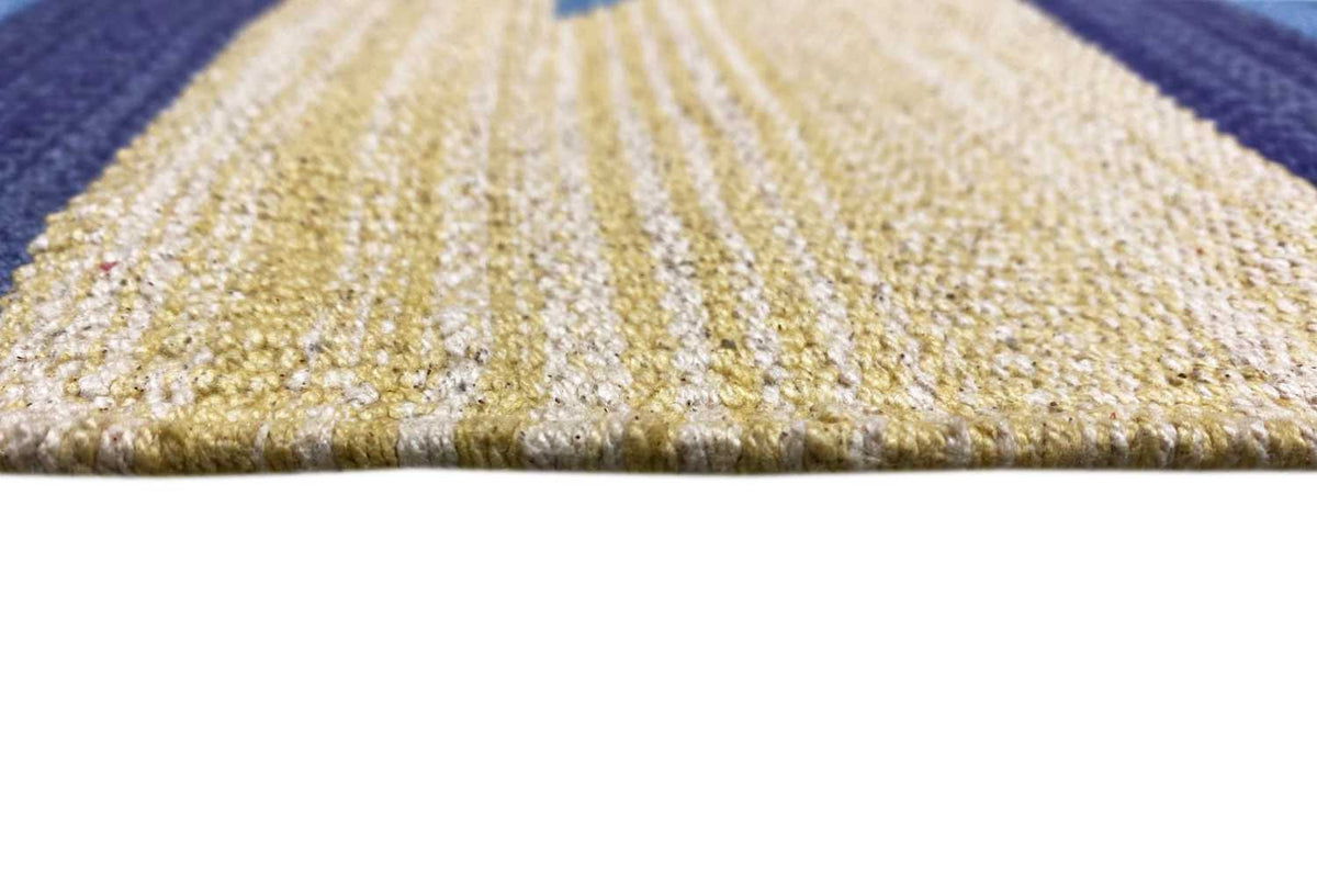 Kilim rug with beige and blue pile texture, fine woven lines.