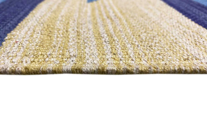Kilim rug with beige and blue pile texture, fine woven lines.