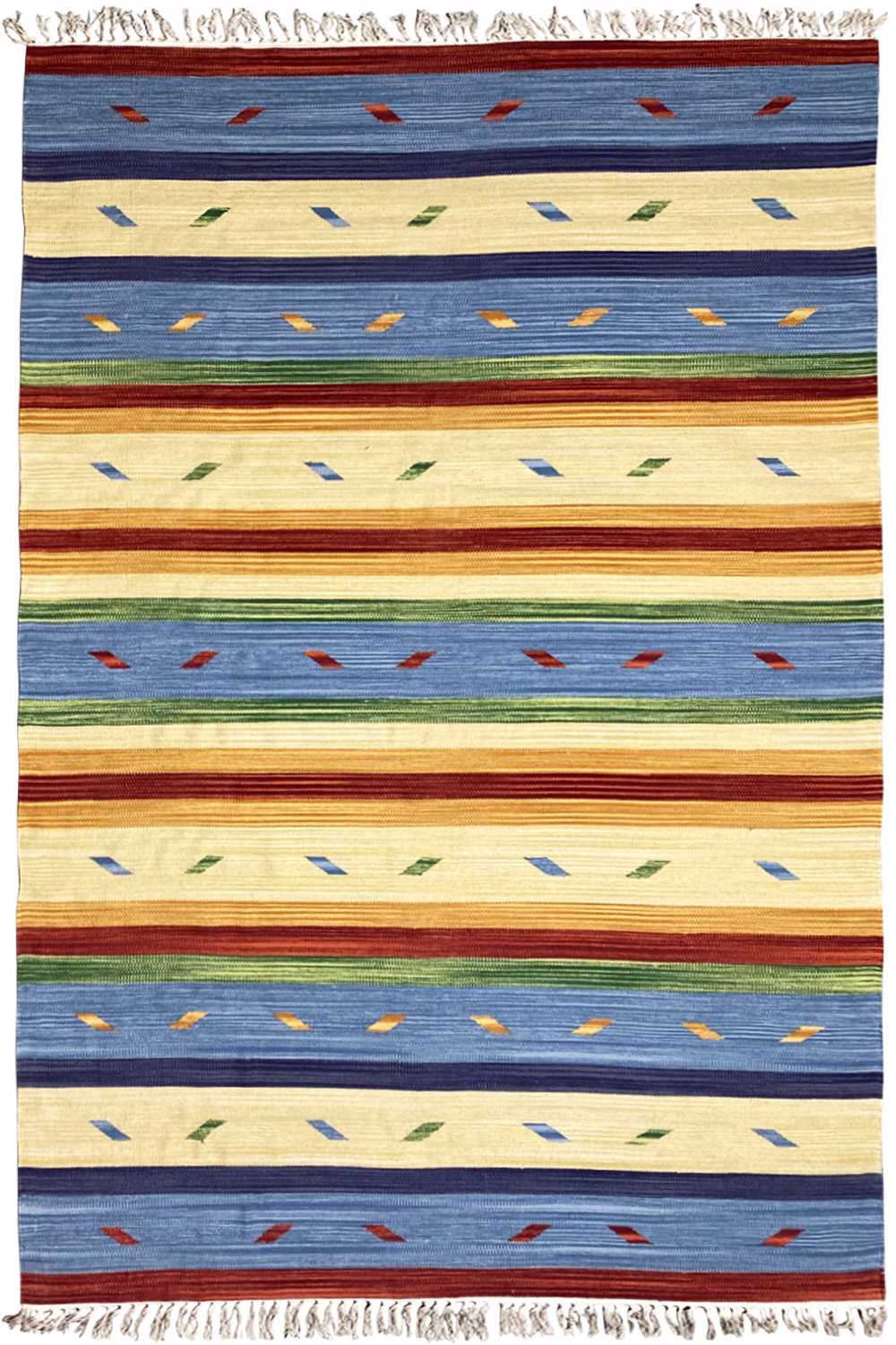 Rectangular kilim rug with multicolored stripes and fringed edges.