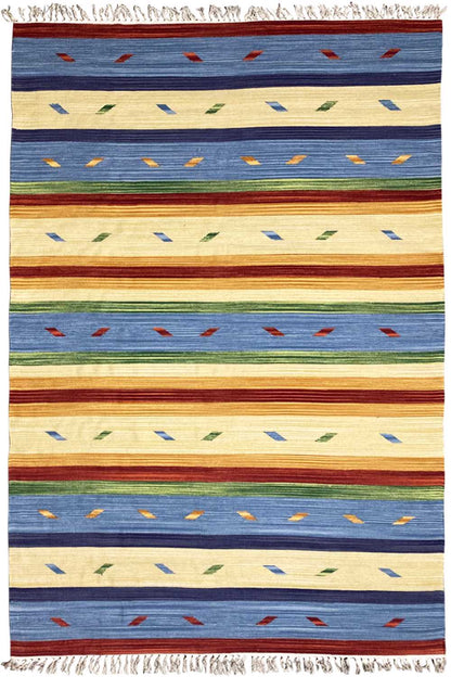 Rectangular kilim rug with multicolored stripes and fringed edges.