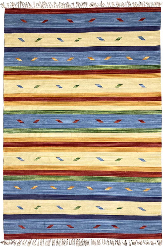 Rectangular kilim rug with multicolored stripes and fringed edges.
