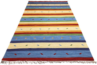 Multicolored flat-woven kilim rug by Samak with stripes and fringes.