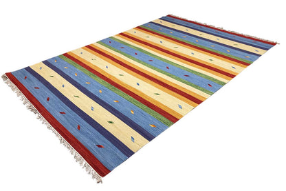 Multicolored Samak kilim rug, shown at an angle, with a striped pattern and fringes.