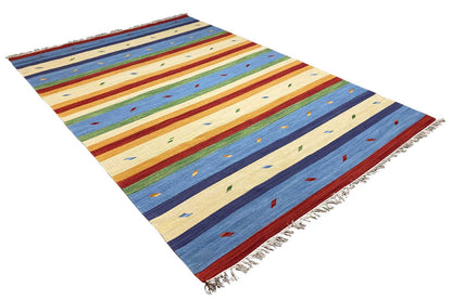 Multicolored Samak kilim rug with a diagonal pattern, stripes, and fringes.