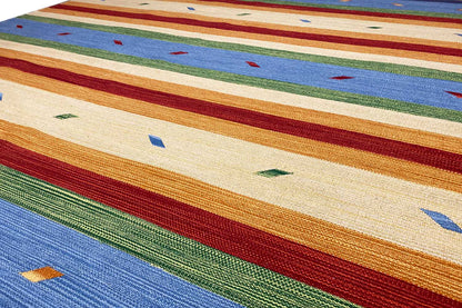 Kilim rug by Samak: colorful stripes with small pattern details, close-up.