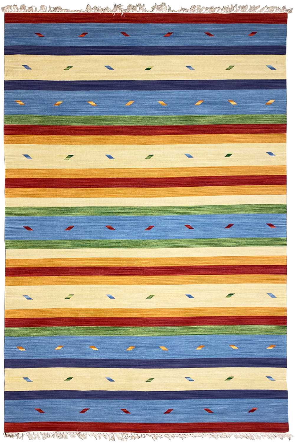 Multicolored Samak kilim rug with horizontal stripes and fringes along the edge.