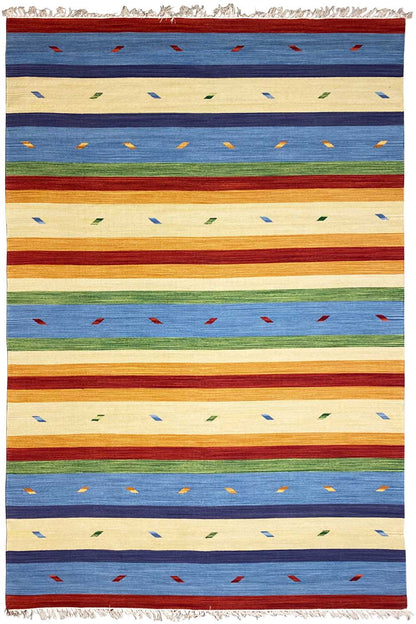 Multicolored Samak kilim rug with horizontal stripes and fringes along the edge.