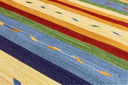 Close-up of the striped pattern: fine woven texture in shades of blue, green, and orange, with small motifs.