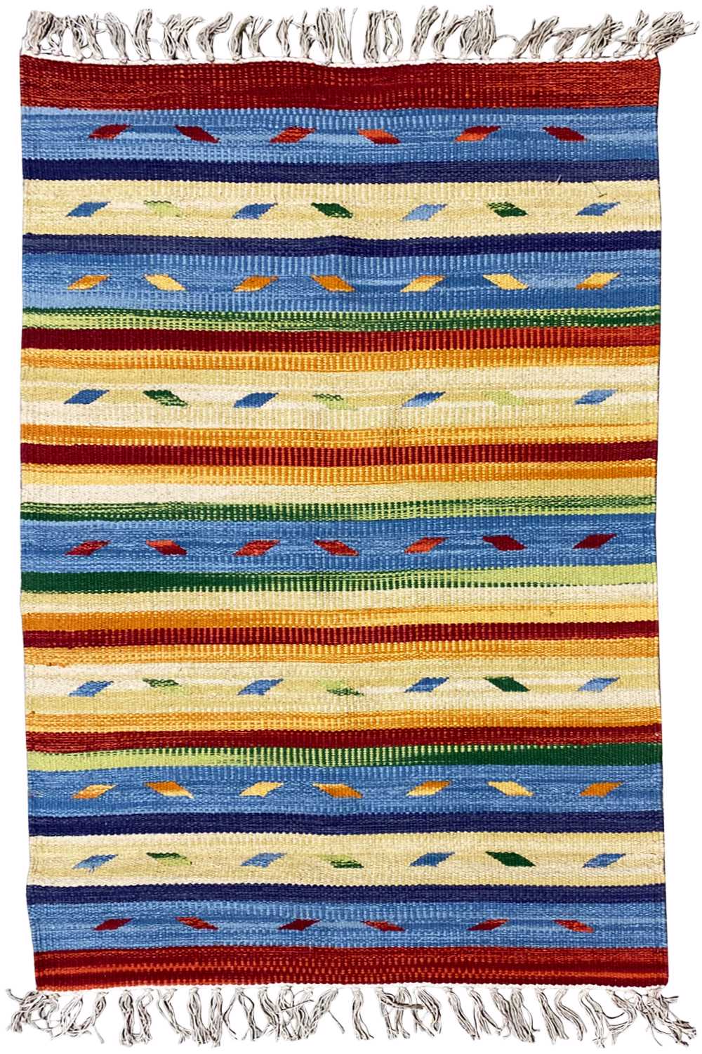Kilim rug 60x90 cm with a colorful striped pattern, border, and fringes.