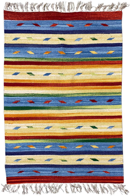 Kilim rug 60x90 cm with a colorful striped pattern, border, and fringes.