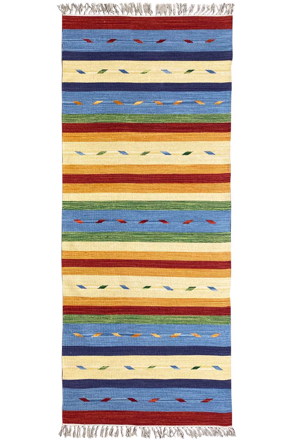 Modern kilim rug with a striped pattern in blue, beige, red, and colorful accents; fringes.