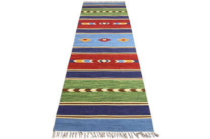 Kilim runner rug with a geometric pattern and fringes, multicolored