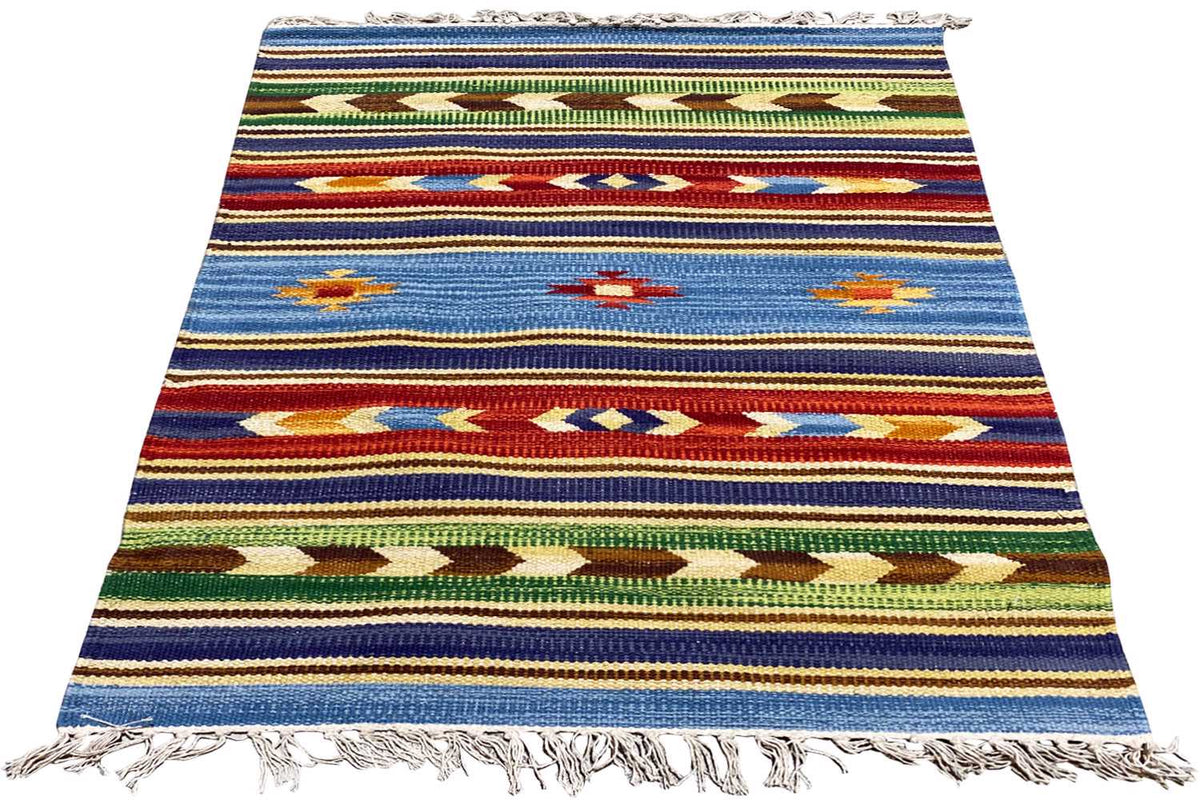 Kilim rug with a multicolored striped pattern and fringes, rectangular (60x90 cm)