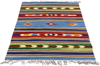 Kilim rug with a multicolored striped pattern and fringes, rectangular (60x90 cm)