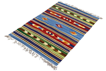 Kilim rug with multicolored stripes, shown diagonally, with fringes (60x90 cm)