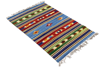 Kilim rug with a multicolored striped pattern, lying diagonally, with fringes (60x90 cm)