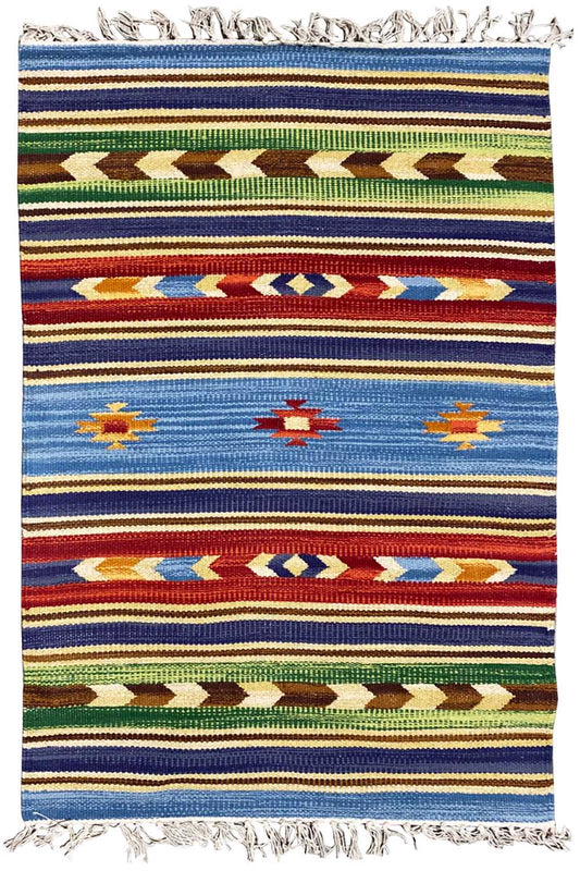 Rectangular kilim rug with multicolored stripes, border, and fringes (60x90 cm)