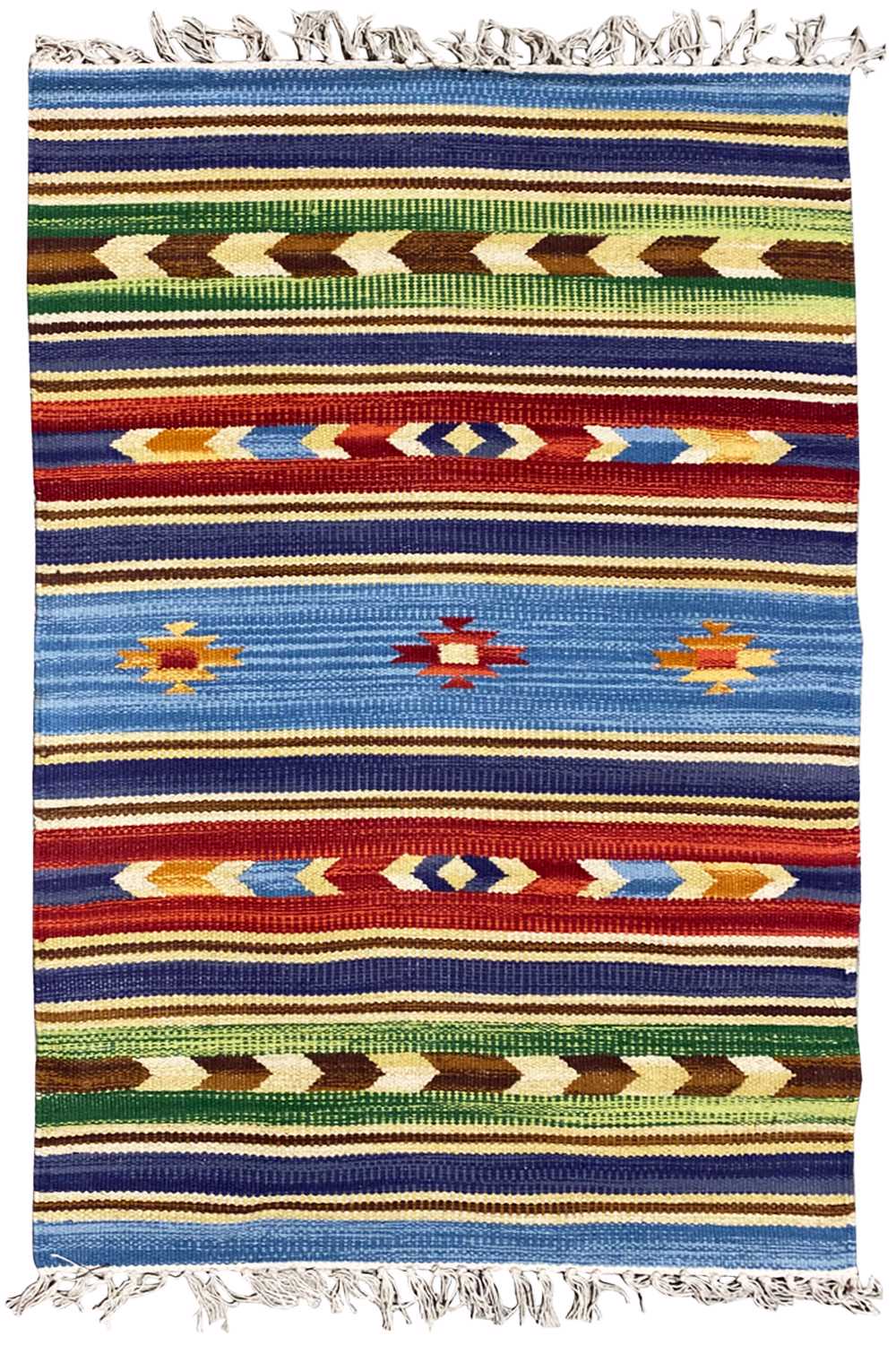 Kilim rug with tightly woven stripes and central diamonds, fringes on both sides