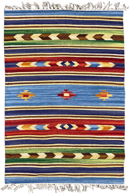 Kilim rug with tightly woven stripes and central diamonds, fringes on both sides