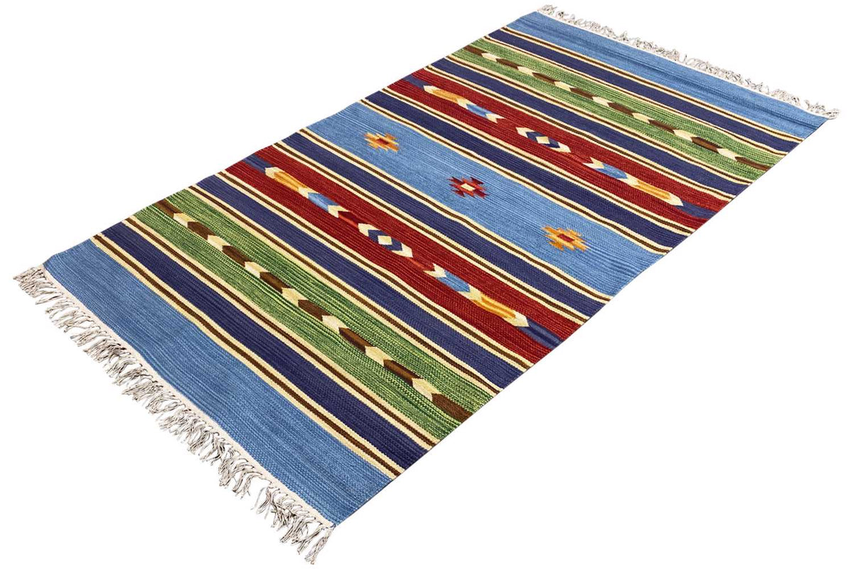 Kilim rug with geometric color bands and fringe, blue with red/green