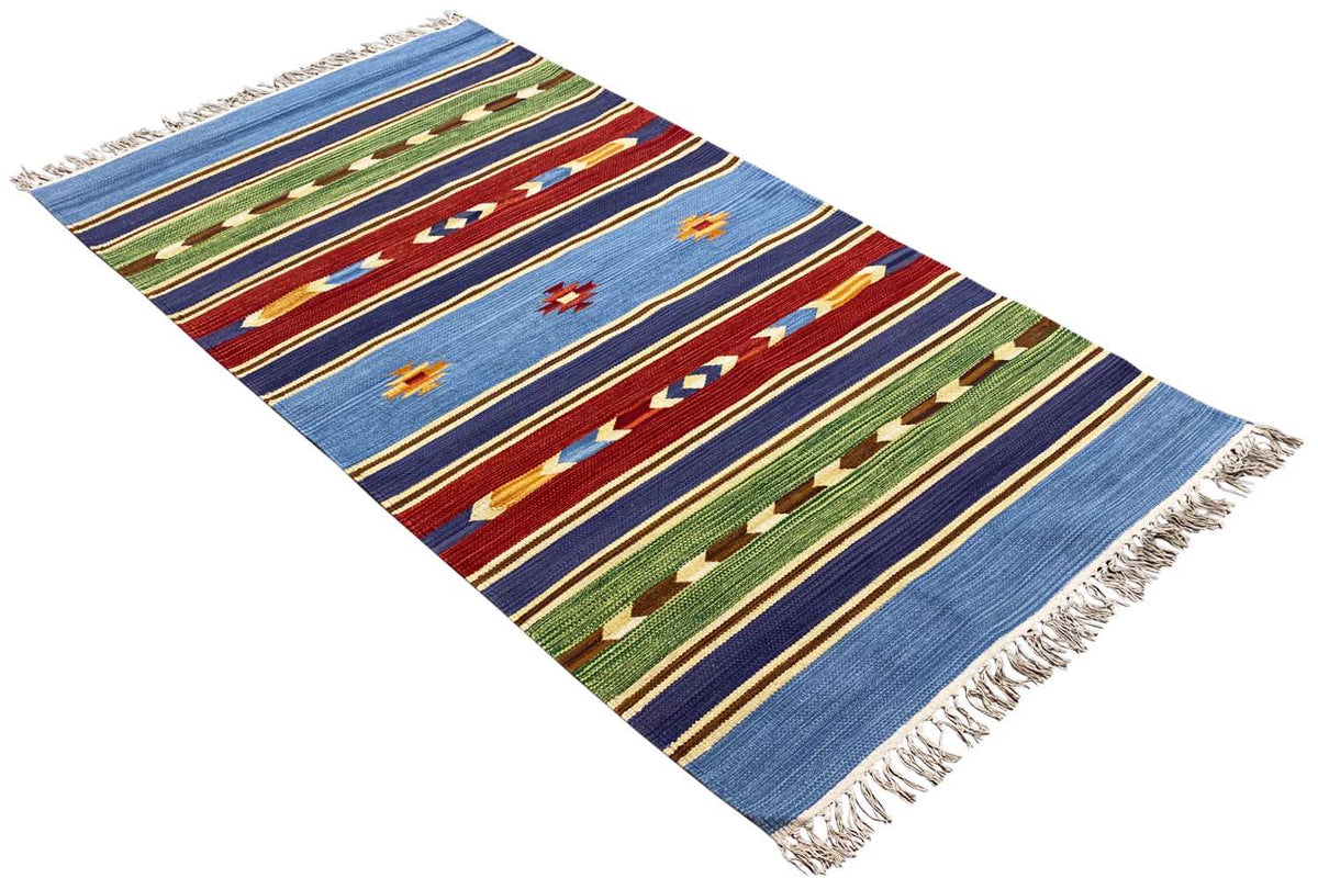Kilim rug diagonal view: blue stripes with red and green patterns