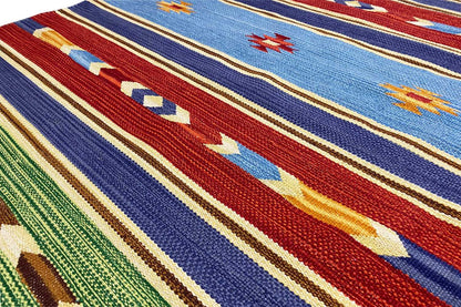 Kilim rug pattern detail with colorful geometric motifs on blue