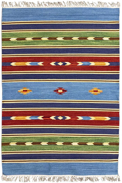 Rectangular kilim rug with stripes in blue, red, and green and fringes