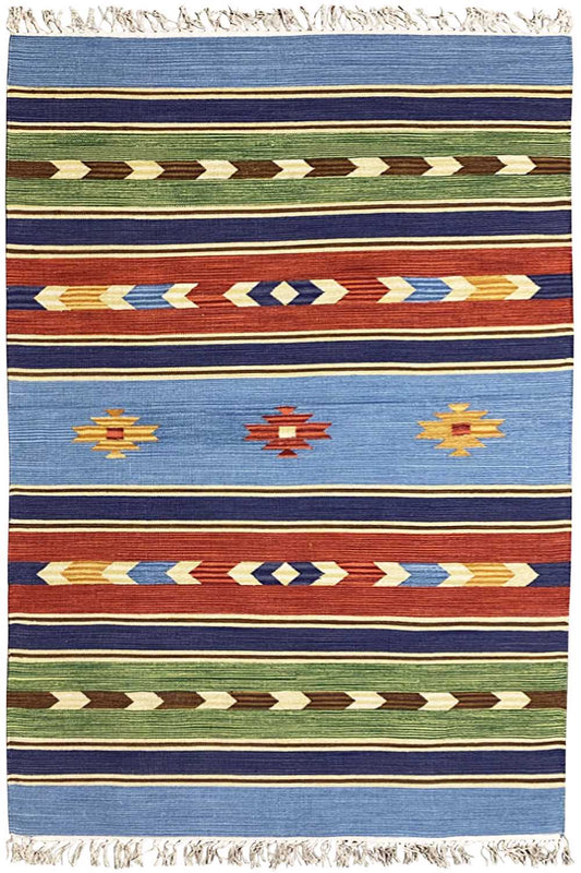 Modern rectangular kilim rug, blue with multicolored stripes and fringes