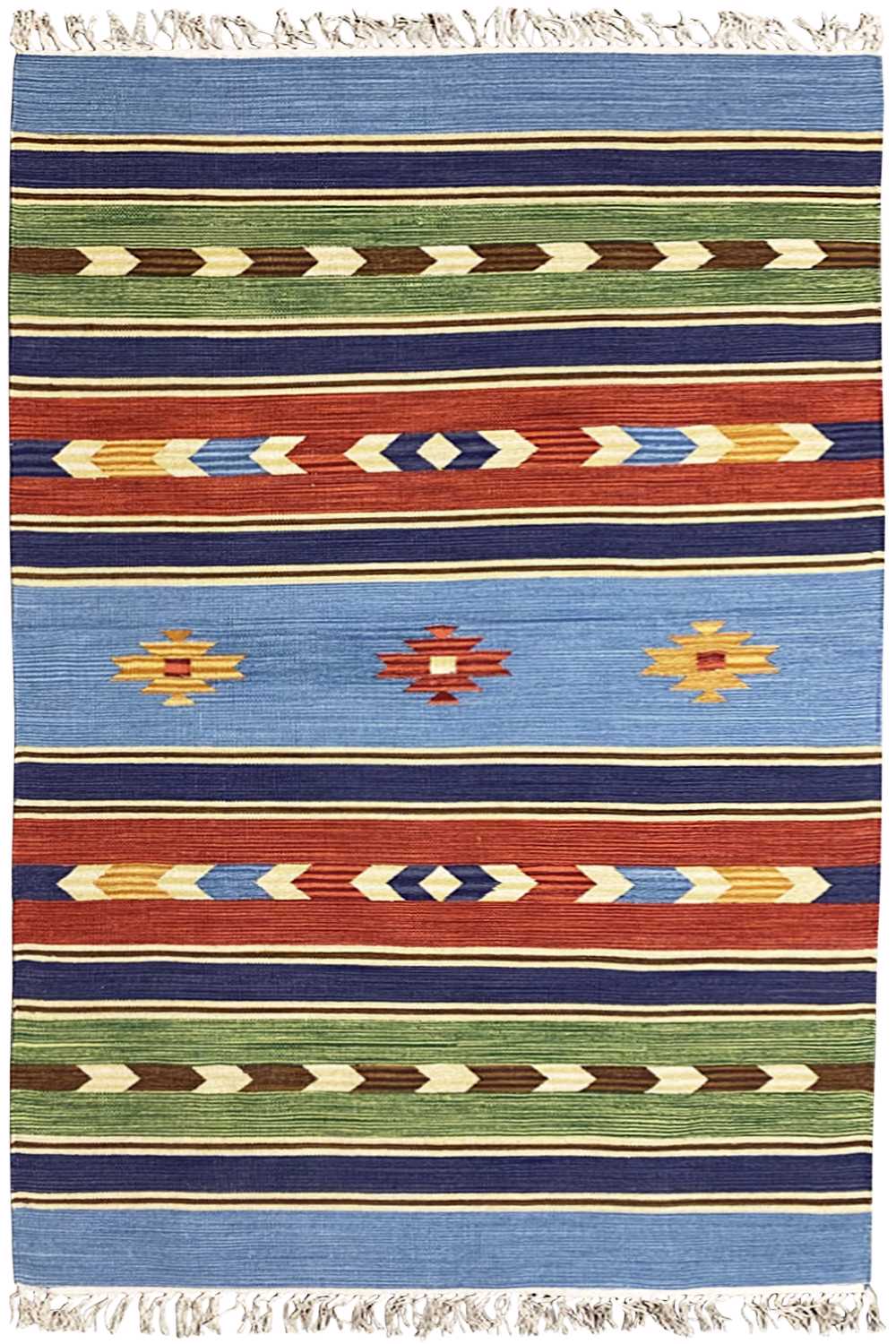 Kilim rug with a blue background, broad colorful stripes, a border, and fringes