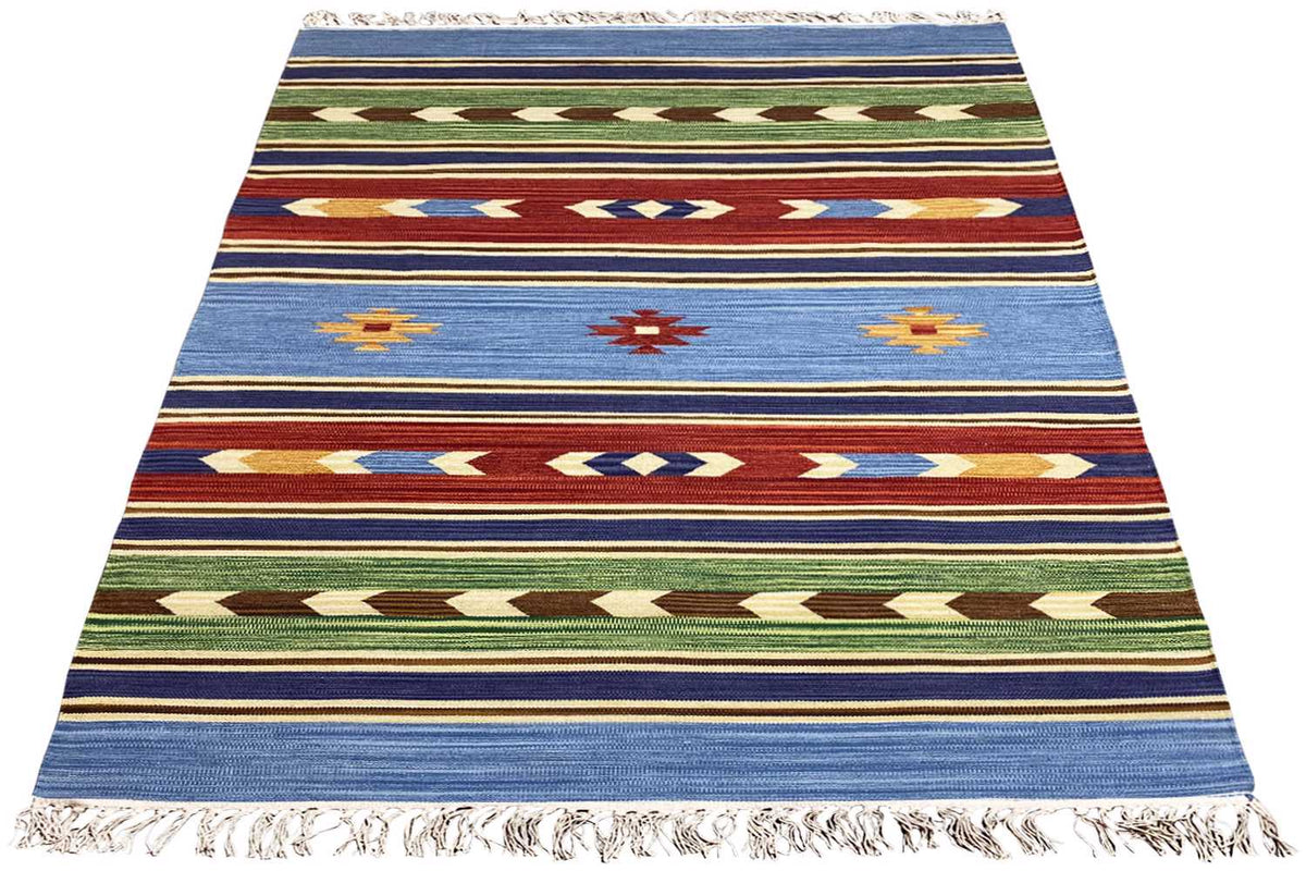 Kilim rug, rectangular, with a blue base and green, red, and beige patterned stripes
