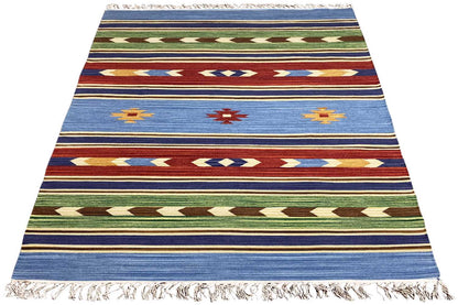 Kilim rug, rectangular, with a blue base and green, red, and beige patterned stripes
