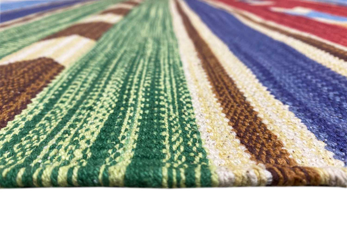 Kilim rug with green, blue, and beige stripes, woven pattern lines, and fringes