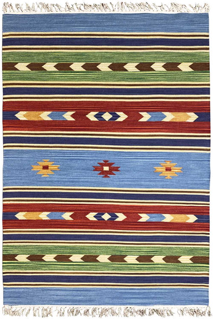 Rectangular kilim rug with colorful stripes, border, and beige fringes