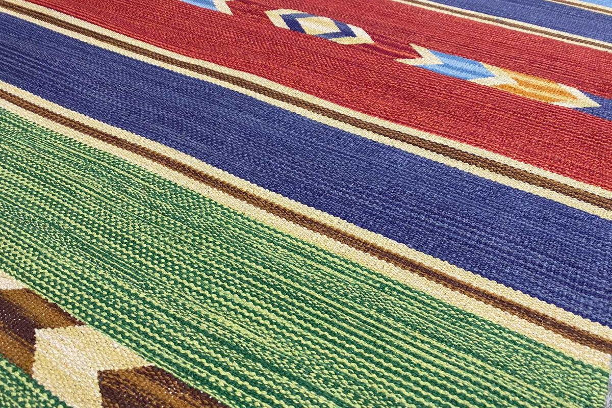 Close-up: multicolored kilim stripes with red, blue, and green accents