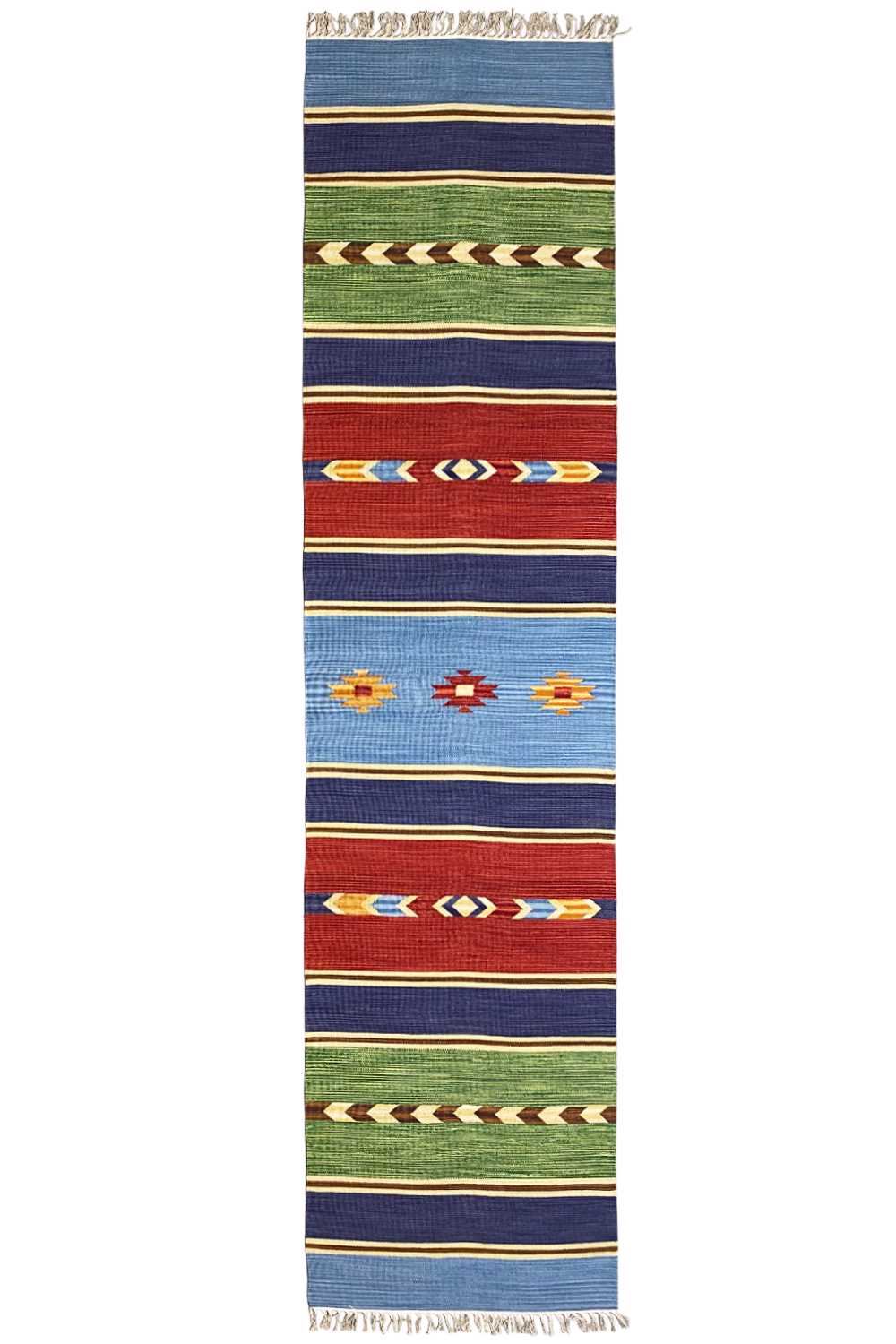 Modern kilim rug “Samak” with stripes in blue, green, red and multicolored patterns, fringes